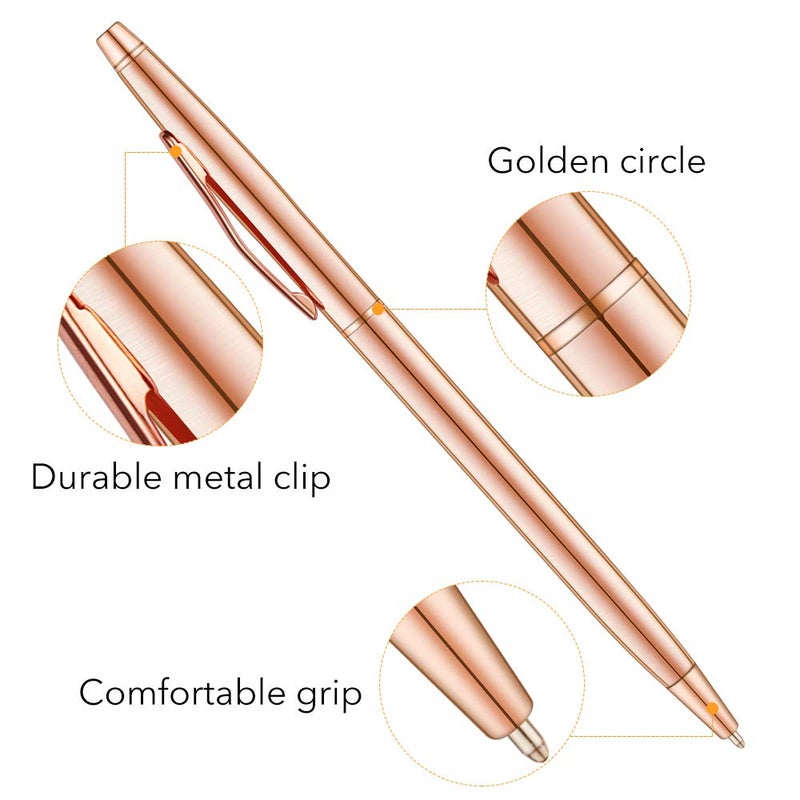 Unibene Slim Metallic Retractable Ballpoint Pens - Rose Gold, Nice Gift for Wedding Business Office Students Teachers Christmas, Medium Point(1 mm) 6 Pack-Black ink - Image 3